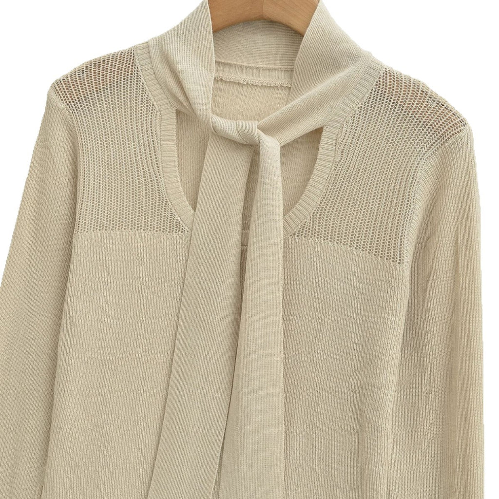 Women's Tie-Neck Semi-Sheer Slim Fit Wool Blend Knit Top Long Sleeve Layering Sweater
