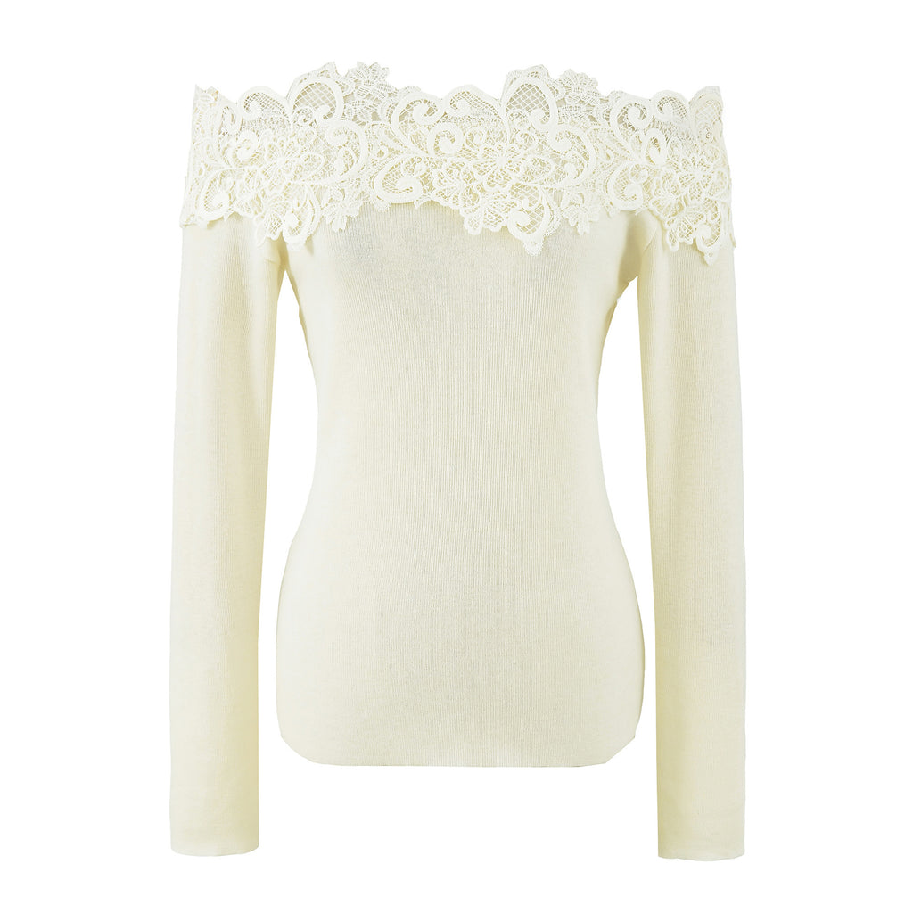 Women's Off-shoulder Lace Patchwork Wool Blend Knit Top